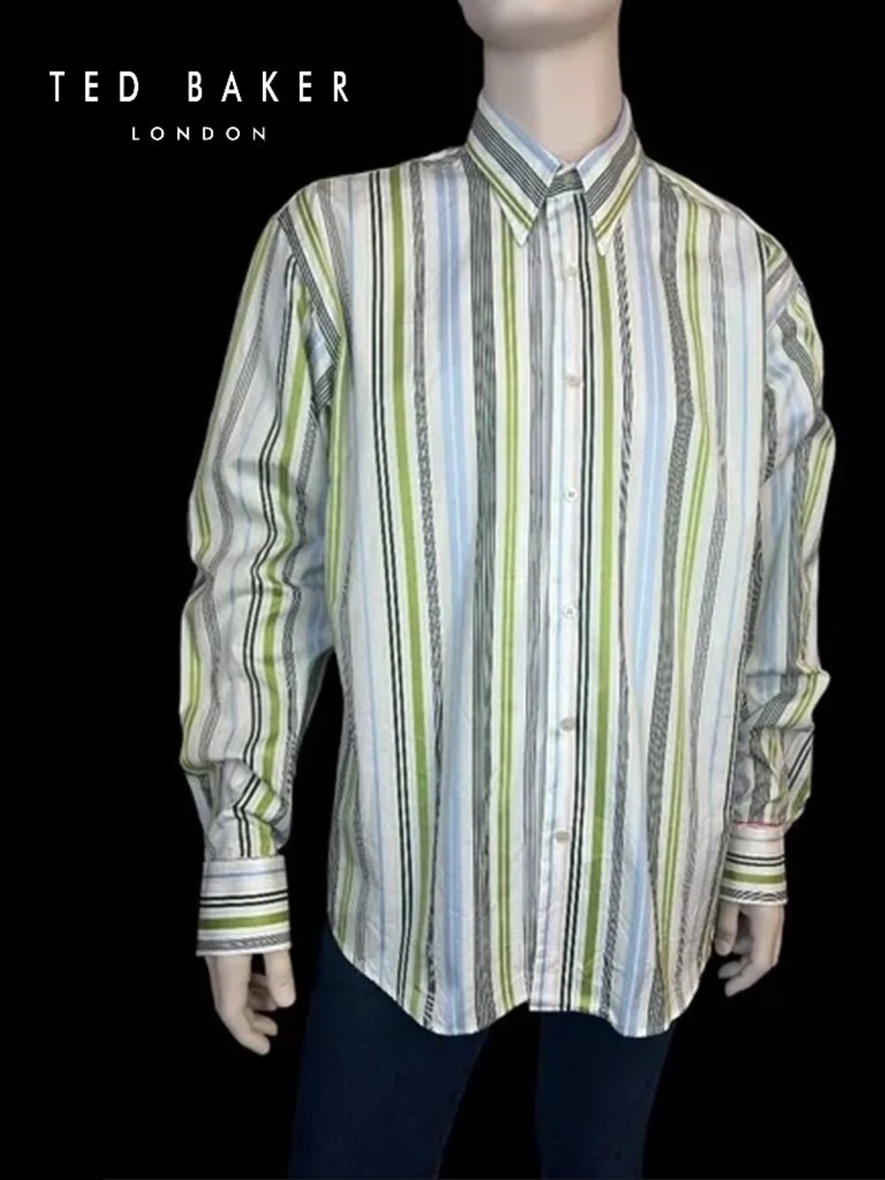 Ted Baker London Dress Shirt Multi Colour Vertical Stripe Dress French Cuff L/XL